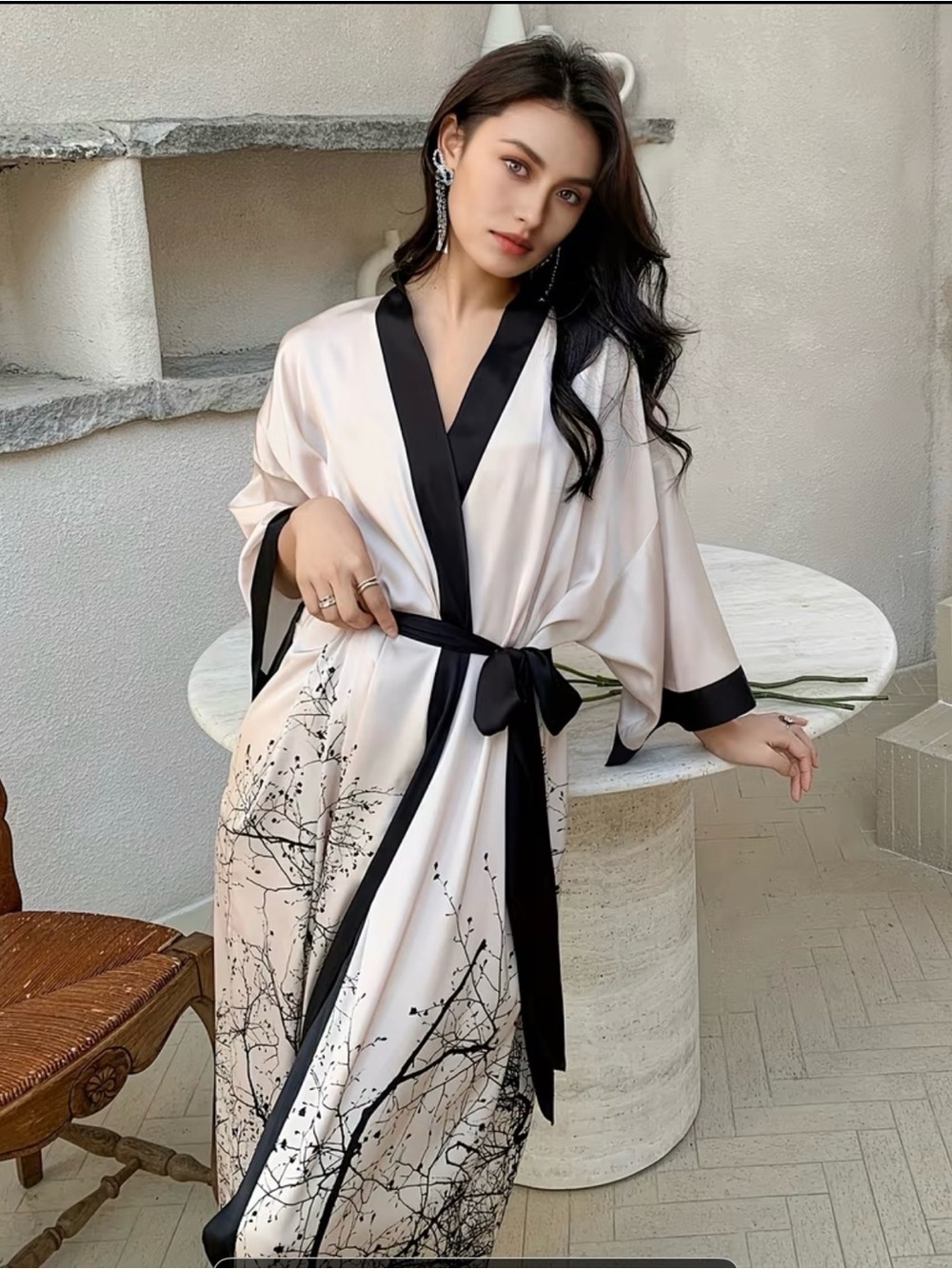 Silk-Feel Black Trim Cream Kimono Robe with Botanical Print